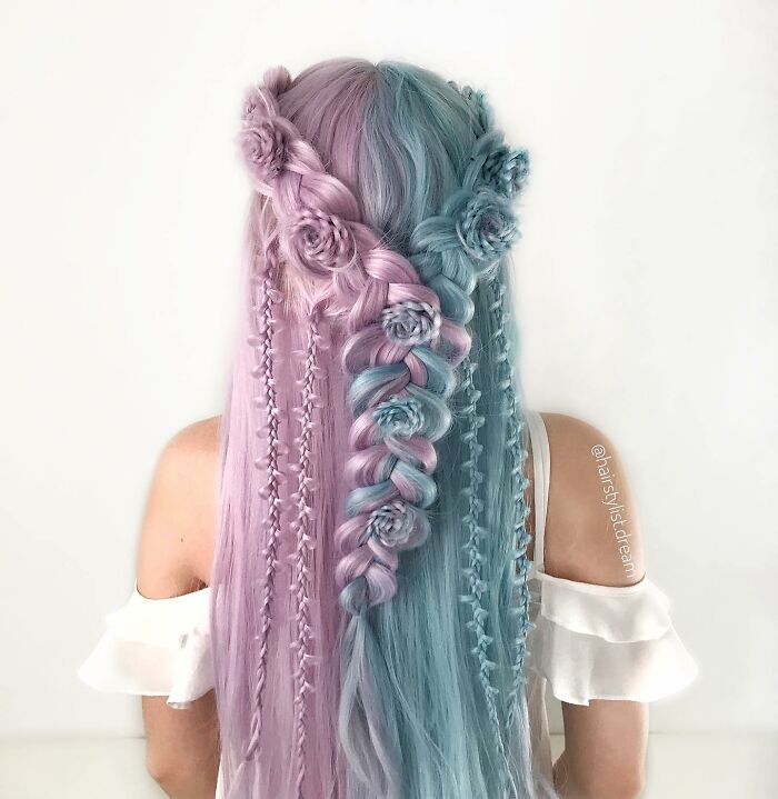 Split-color braids with rose details